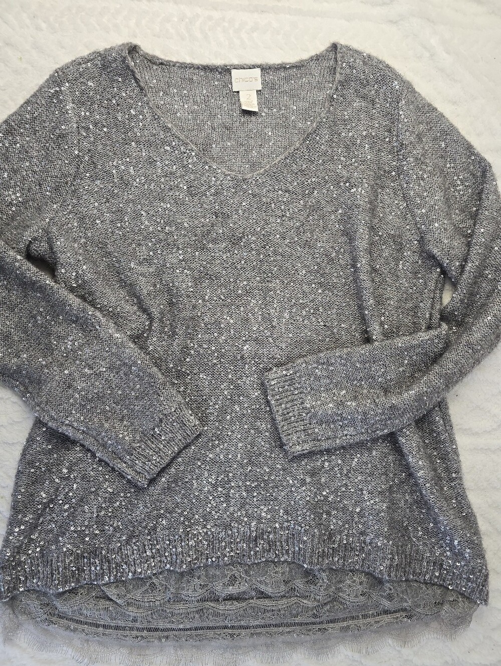 Chico's Sequin Sweater Gray Silver Wool Mohair V-neck Lace Trim Festive Glam L